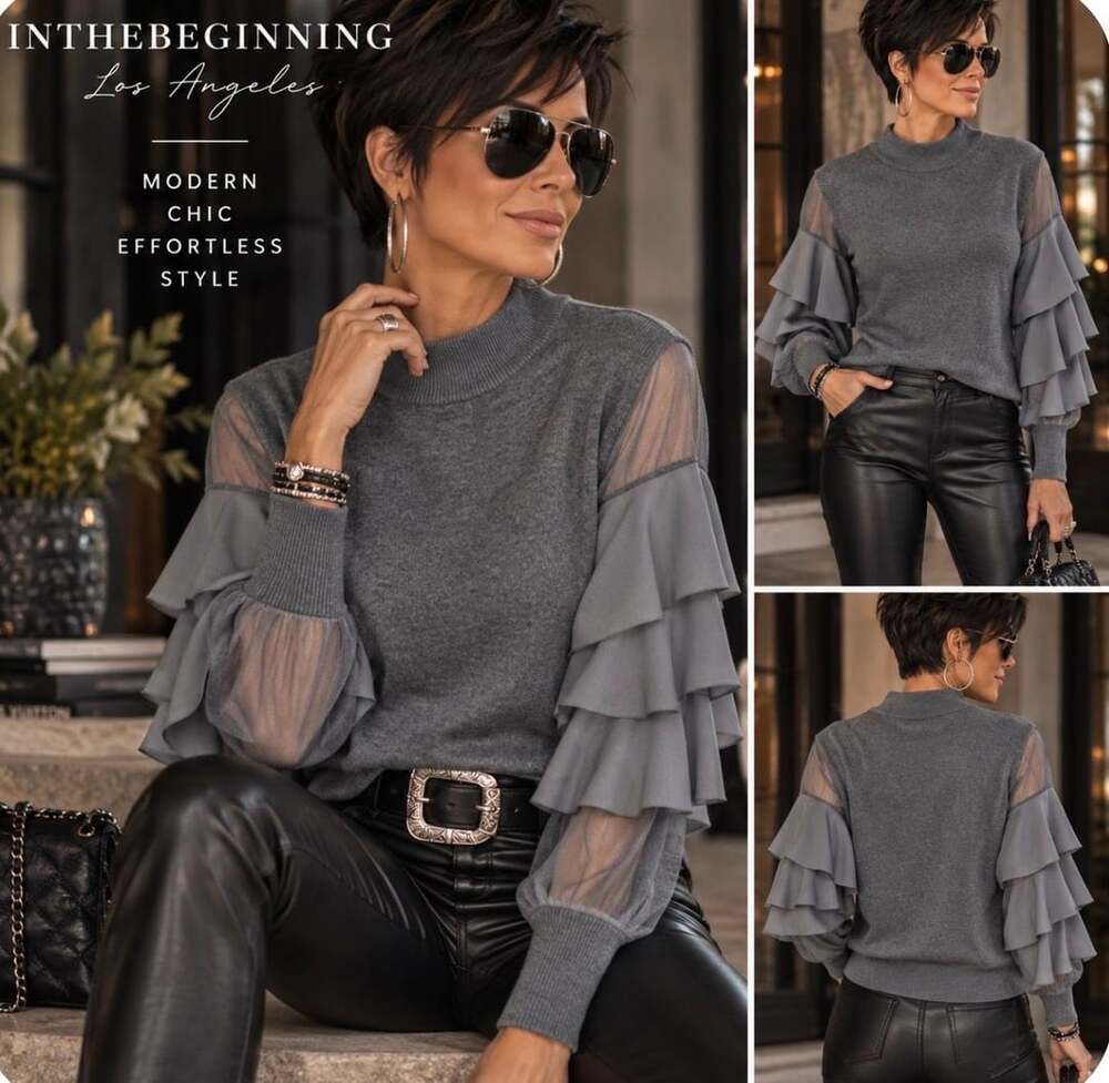 INTERBEGINNING Los Angeles Gray Ruffle Sleeve Mesh Mock Neck Sweater Women S